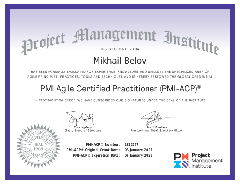 Mikhail Belov PMI-ACP Certificate