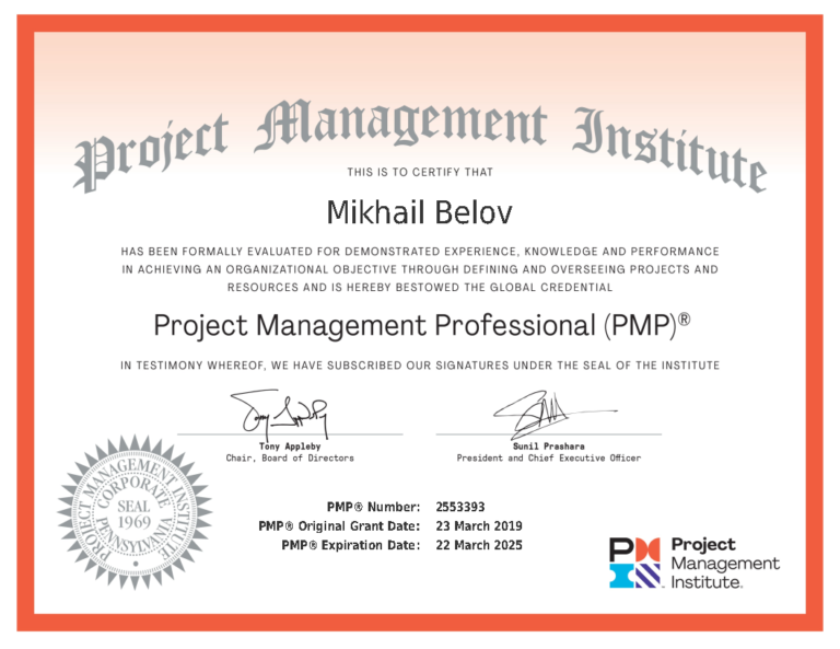 Mikhail Belov PMP certificate